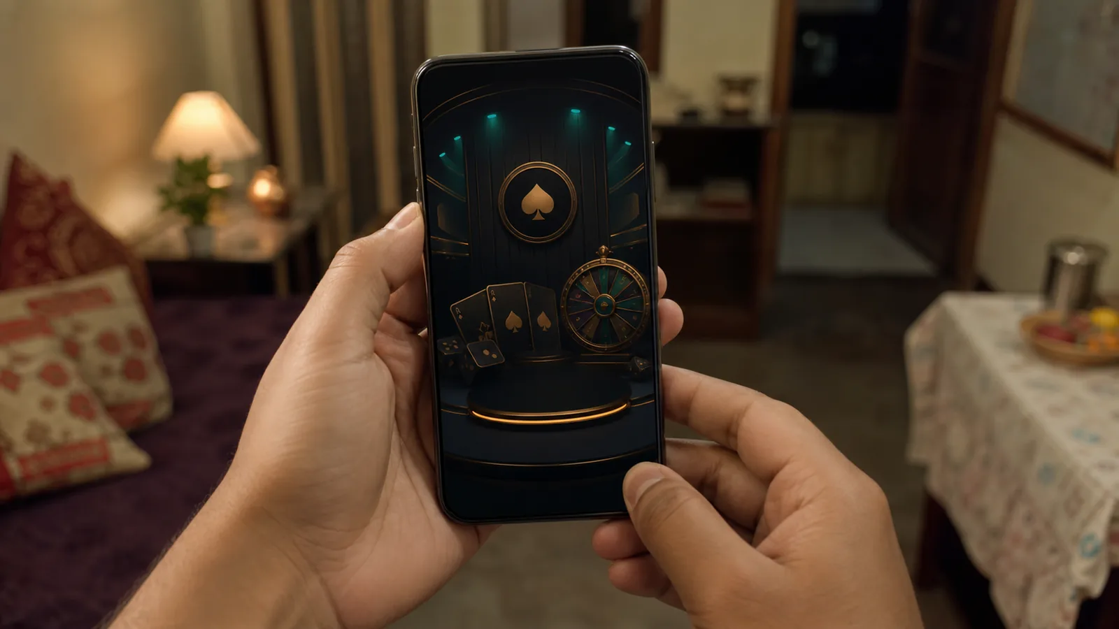 Hands holding a smartphone showing a dark casino game lobby in a home interior in Bangladesh