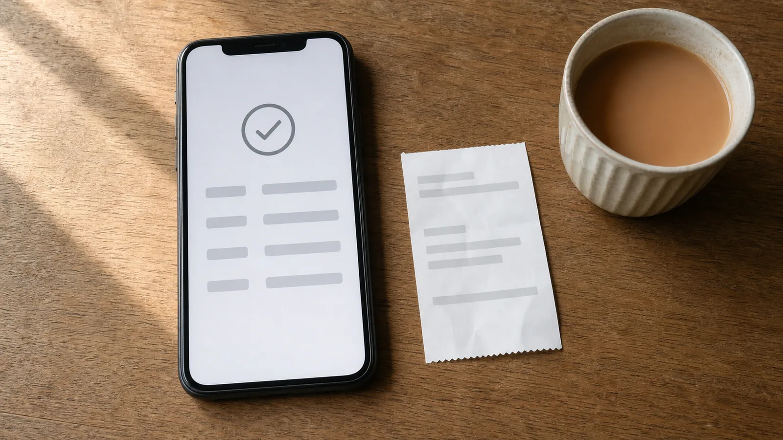 Smartphone showing a transfer confirmation screen beside a blank paper receipt and a cup of tea